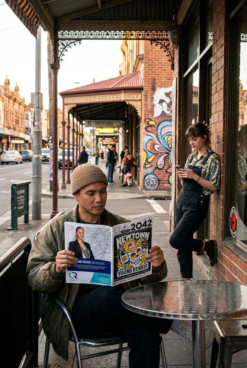 A reader with a Neighbourhood Media title outside a cafe in Newtown