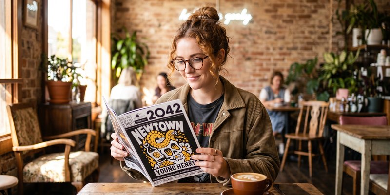 A reader with a copy of the Newtown title in a local cafe
