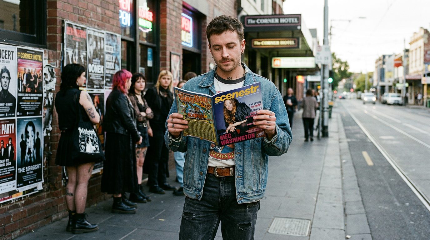 A reader with a copy of Scenestr on Swan Street, Richmond